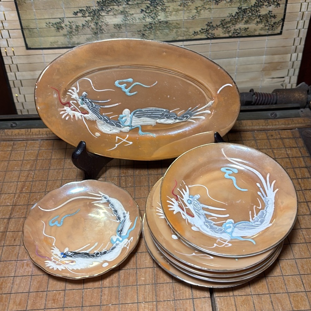 Dragonware Ceramic Child’s 5 Plate Platter Saucer Set Midcentury Japan VGVC